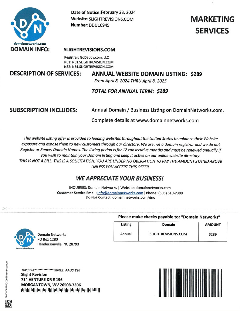 Example of a domain renewal scam letter, featuring misleading invoice-style formatting designed to trick recipients, displayed in a clear, high-resolution image linking to the full PDF for detailed examination.