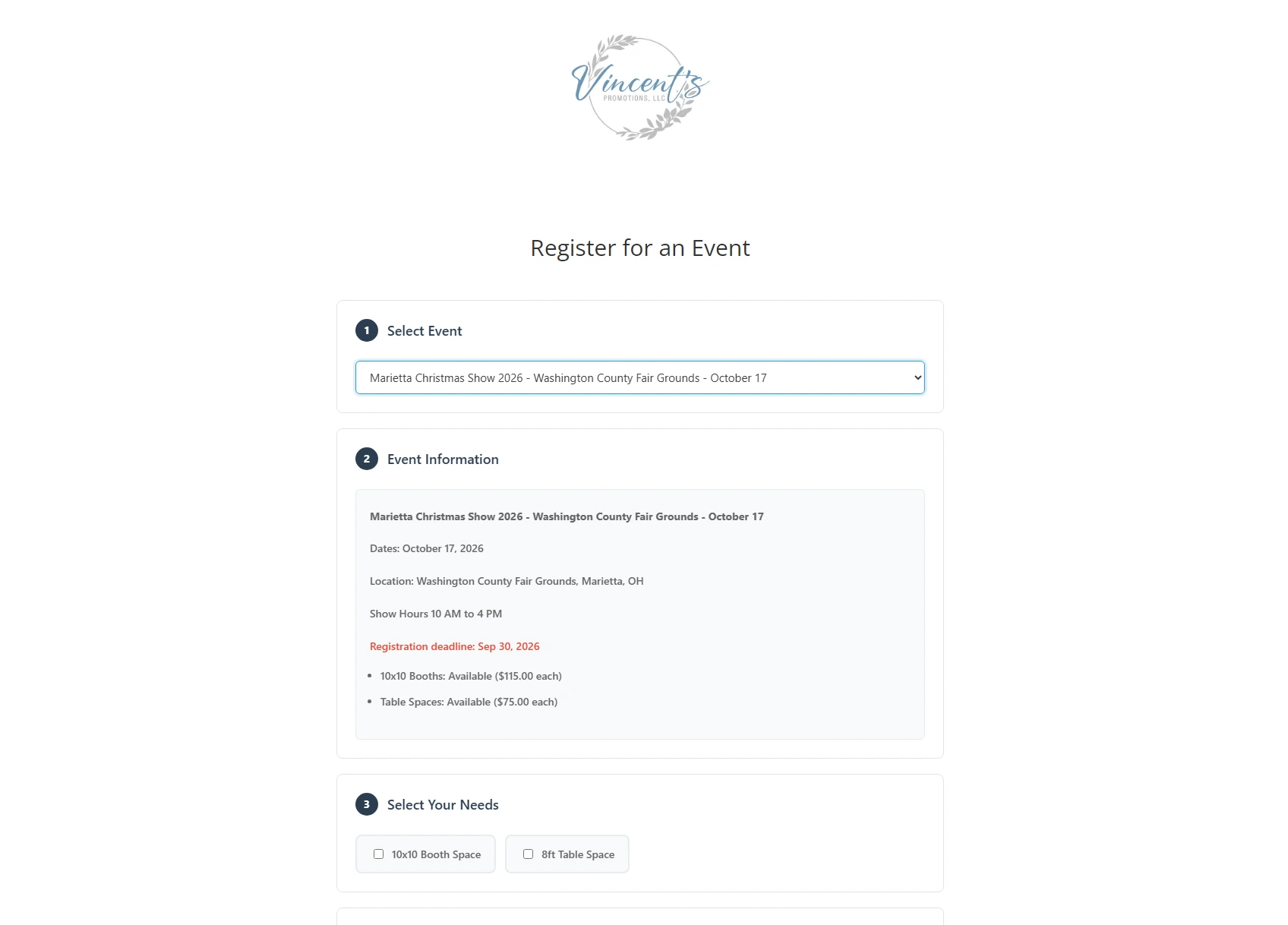 The Vincent's Promotions vendor registration page: event selector, event information, and space selection