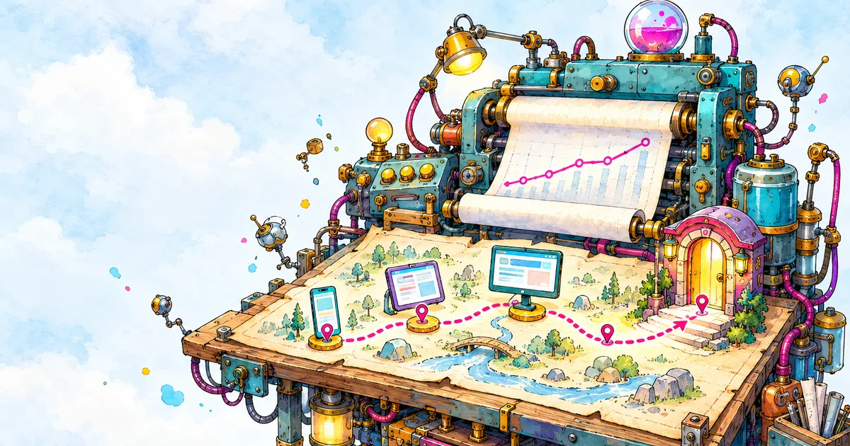 A hand-drawn map with a dotted path past a phone, a tablet and a monitor to a front door, while a chart printer traces the route