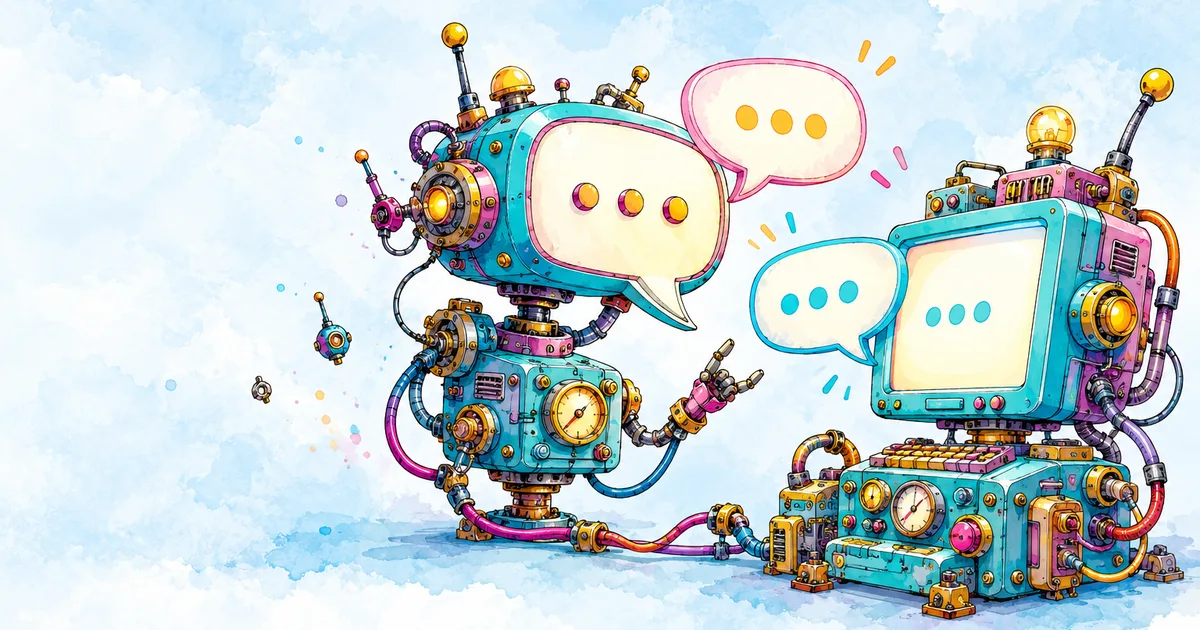 Two hand-drawn machines facing each other and trading speech bubbles