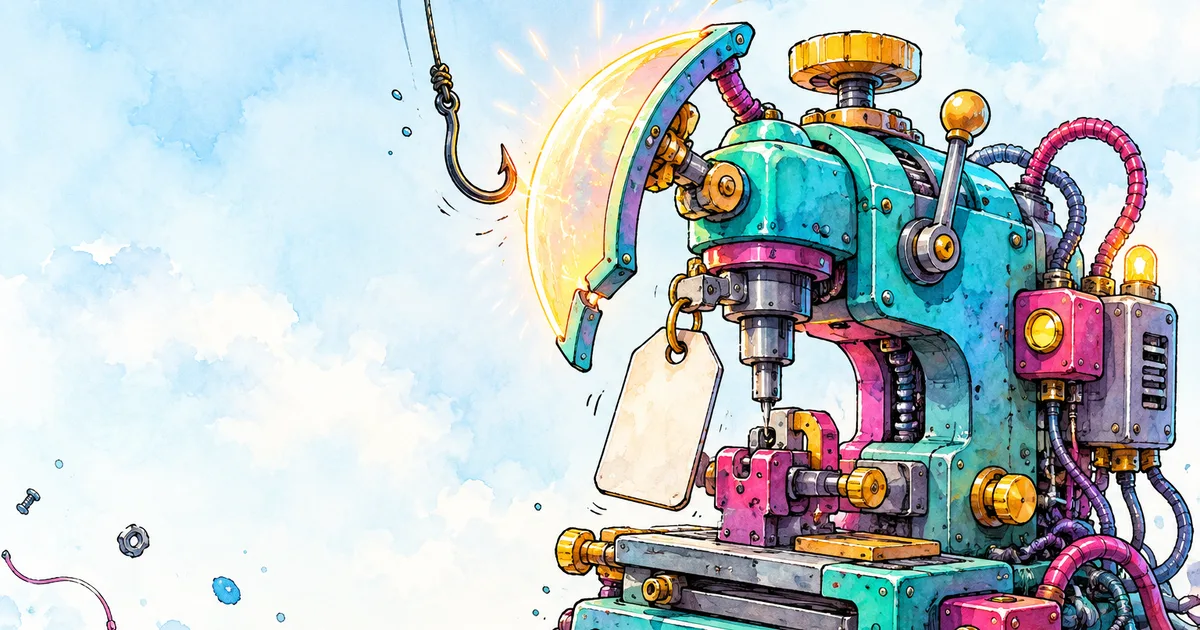 A hand-drawn key-cutting machine with a blank domain tag, a fishing hook dangling toward it, and a shield swinging up to block it