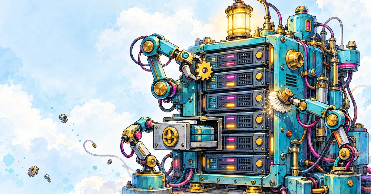 A hand-drawn server rack tended by mechanical arms swapping a gear and sliding out a backup drawer