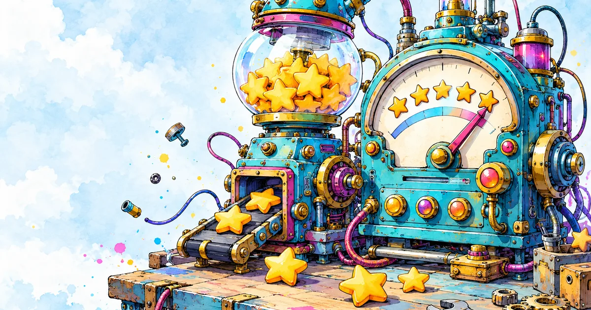 A hand-drawn star dispenser beside a gauge whose needle points at five stars, with loose stars on the bench