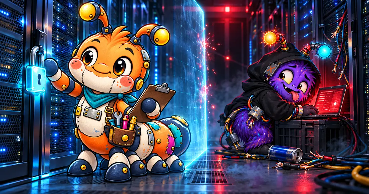 Rev, the Slight Revision caterpillar mascot, calmly locks a glowing padlock on a server rack while Glitch, a purple cartoon gremlin in a black hoodie, is caught behind a shield of light hunched over a laptop in a dark data center aisle