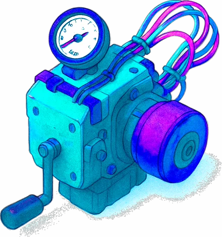 Illustrated machine with gauges and cables, standing for a website kept running