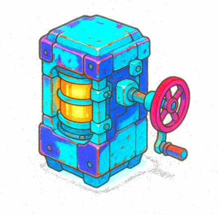 Illustrated crank-operated box machine, standing for the work behind a website build
