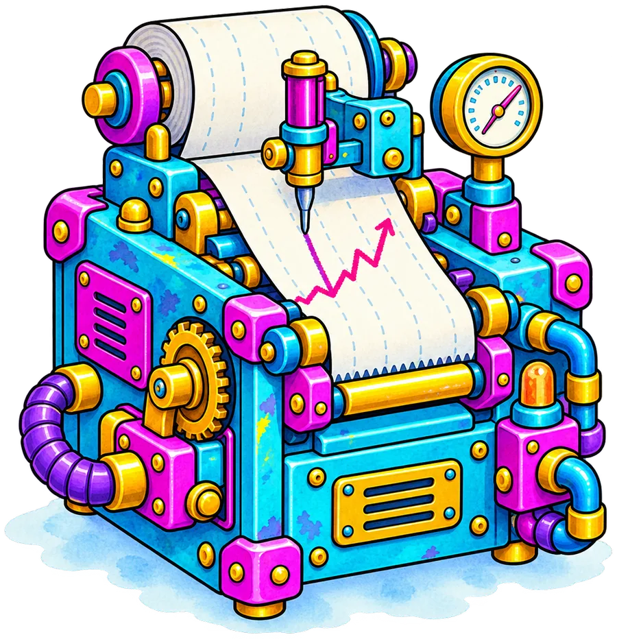 Illustrated machine printing a rising line chart, standing for analytics and reporting