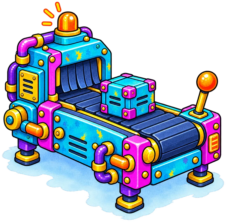 Illustrated conveyor machine carrying a crate, standing for a step-by-step process