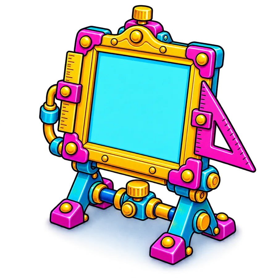 Illustrated picture frame on an easel with a set square, standing for a template-driven website builder