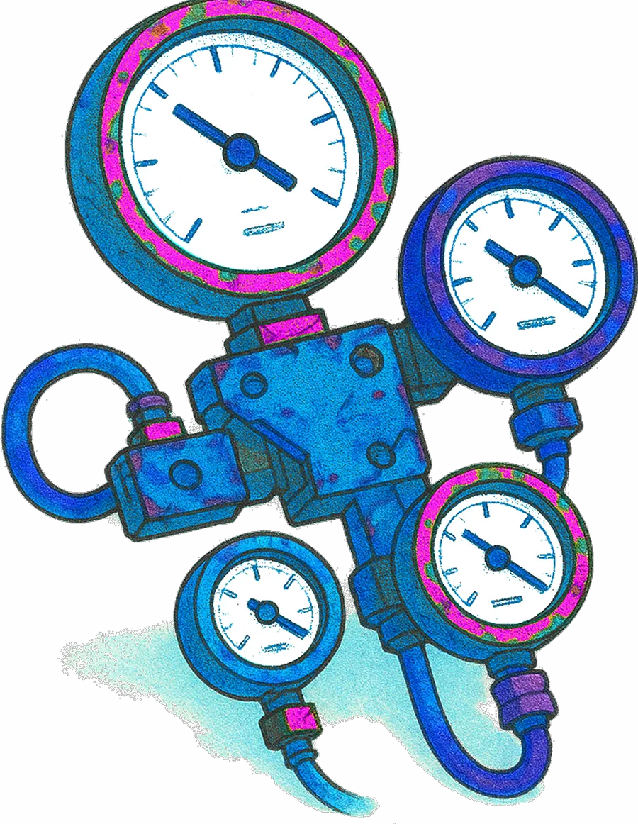 Illustrated bank of pressure gauges, standing for website monitoring