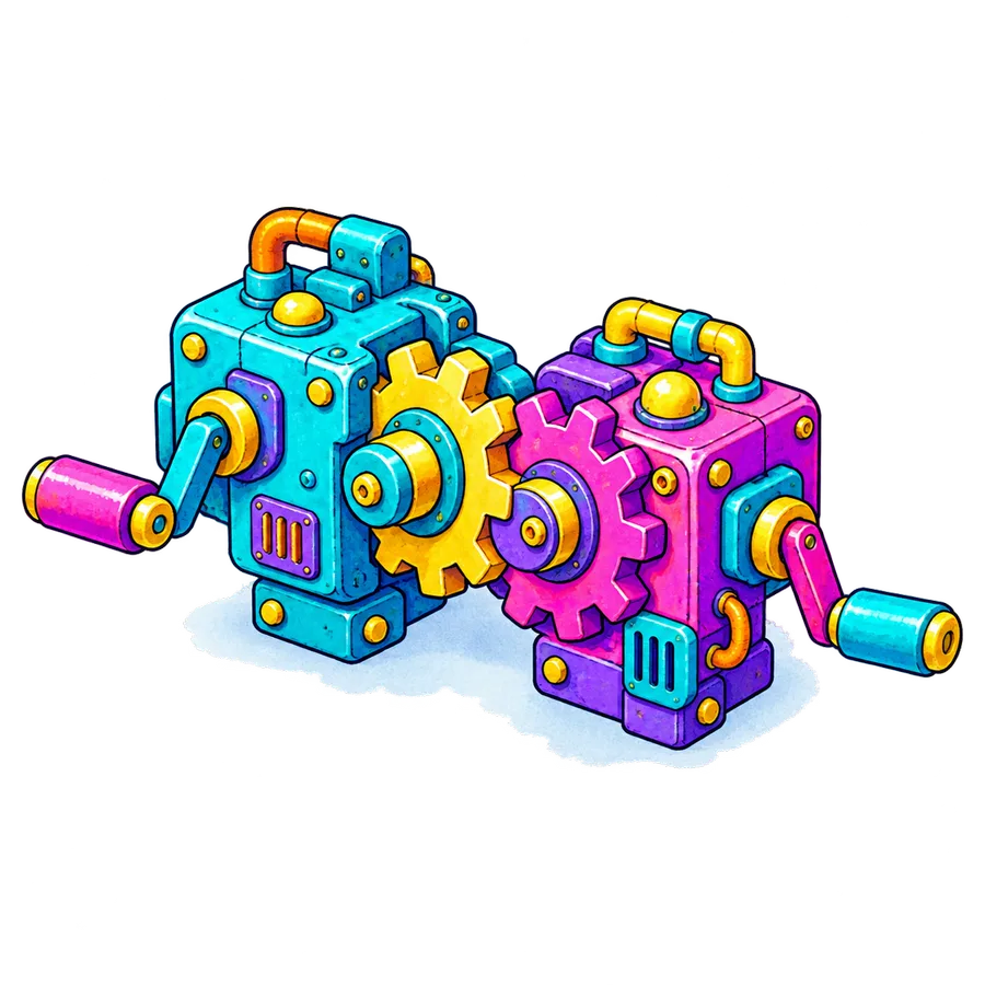 Illustrated machine with two halves joined by gears, standing for agency partnership