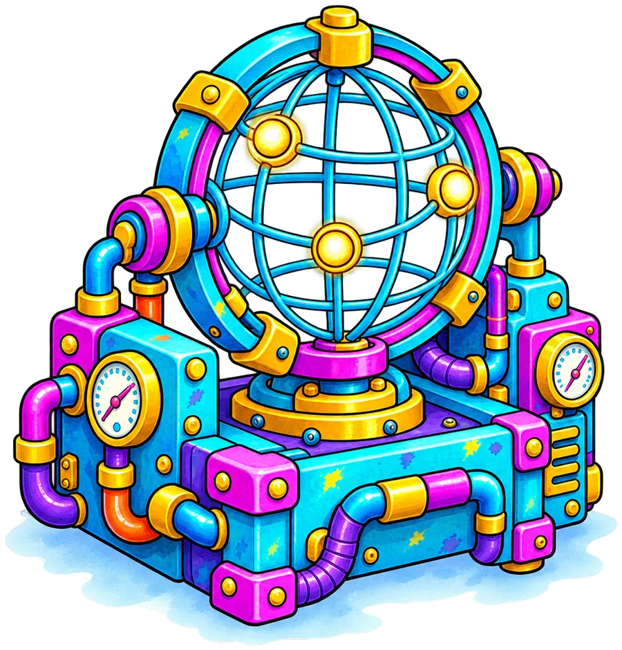 Illustrated machine cradling a wire-frame globe, standing for domains and DNS