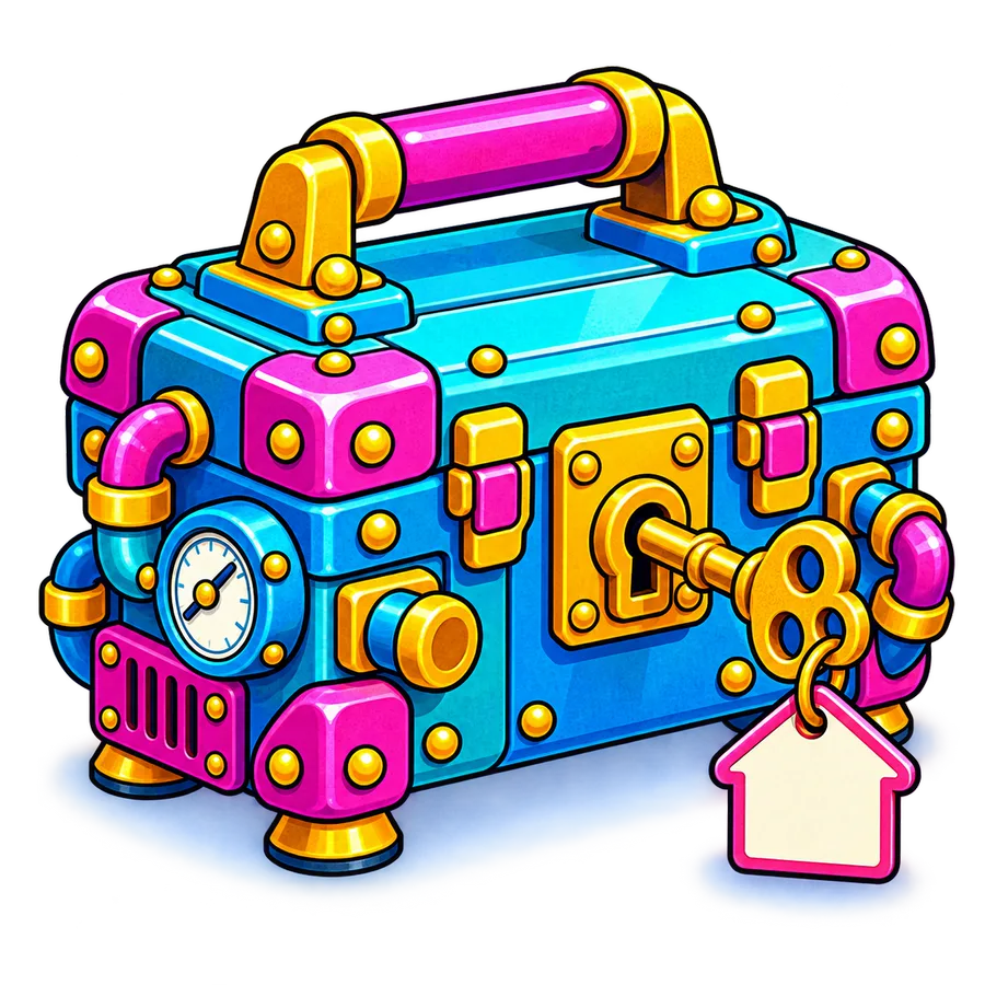 Illustrated chest with a key in the lock and a house-shaped tag, standing for owning your website