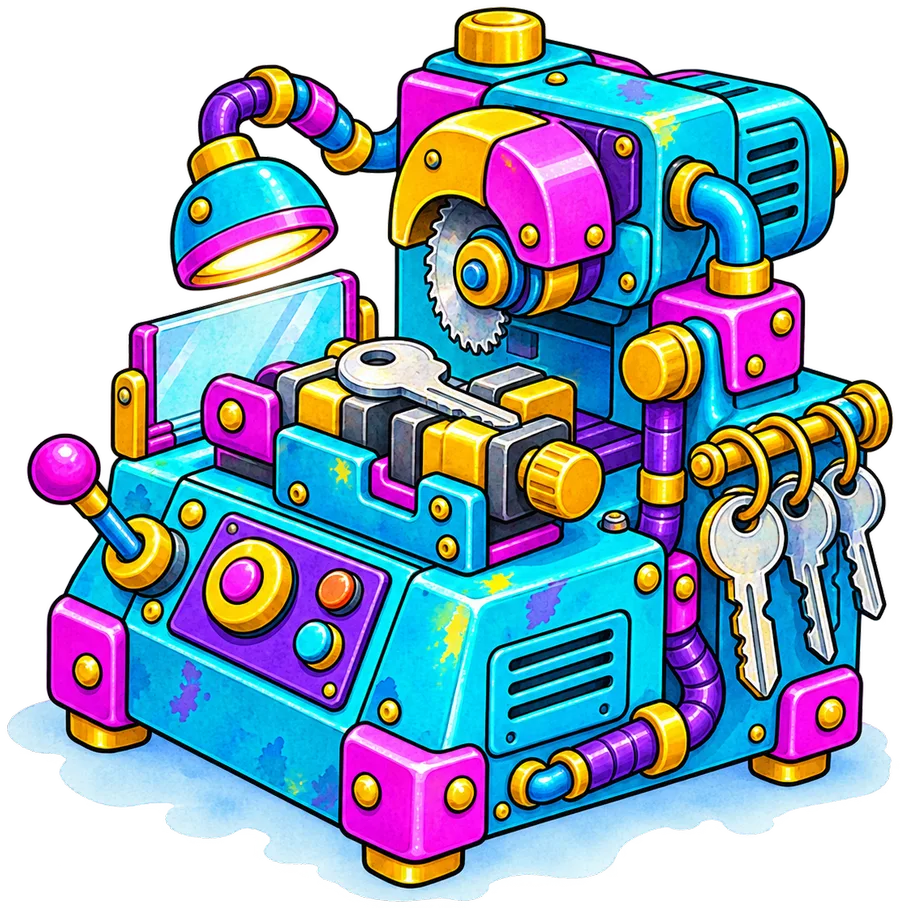 Illustrated key-cutting machine, standing for logins and access