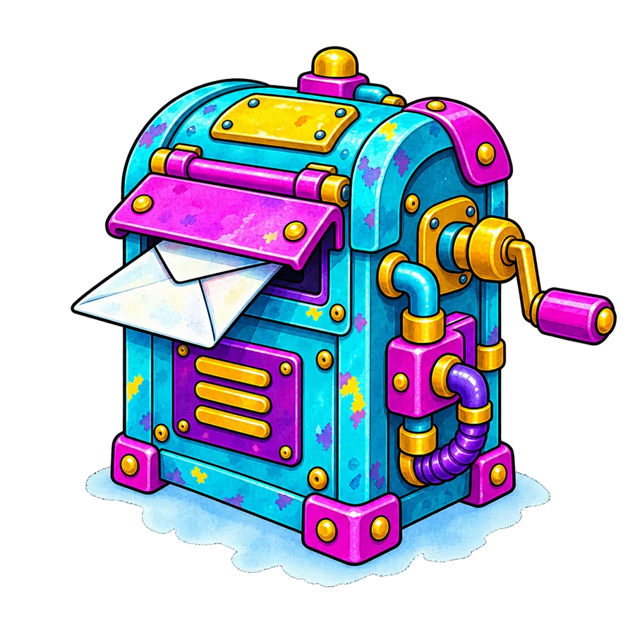 Illustrated postbox machine with an envelope, standing for website email and contact forms