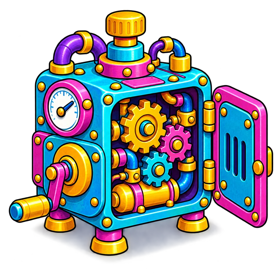 Illustrated machine with its side panel open, gears visible, standing for open-source software