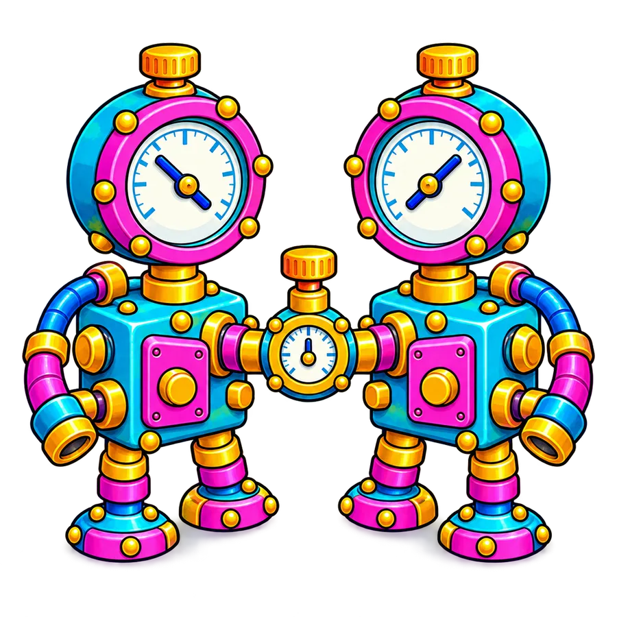 Two illustrated machines joined by a pipe with a shared gauge, standing for a partnership