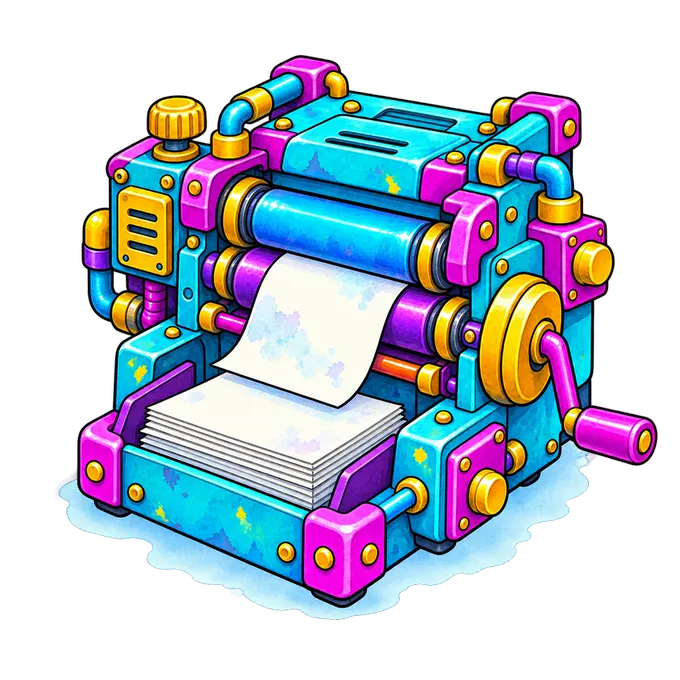 Illustrated printing press machine, standing for articles and resources