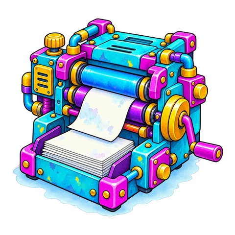 Illustrated printing press machine, standing for articles and resources