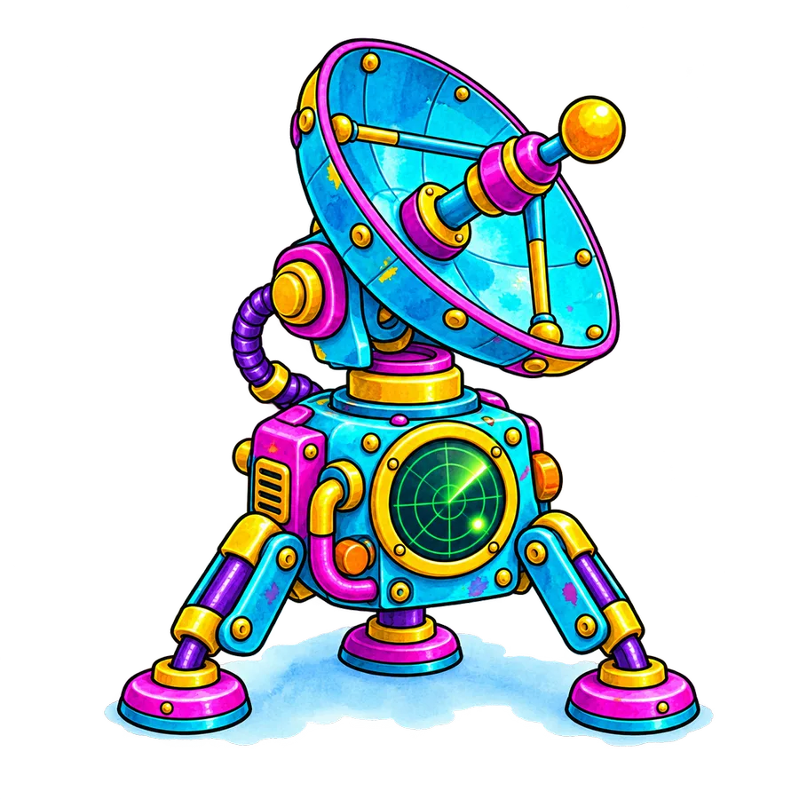 Illustrated radar dish machine, standing for uptime monitoring and alerts