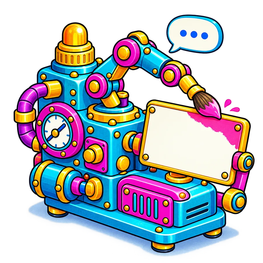 Illustrated robot arm painting a sign with a speech bubble, standing for AI website builders