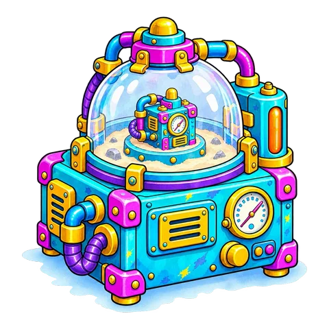Illustrated machine with a small machine under a glass dome, standing for a staging environment
