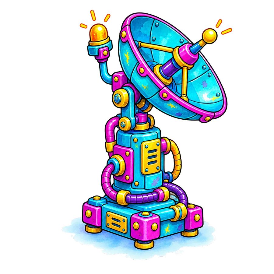 Illustrated satellite dish machine, standing for search visibility and AI search