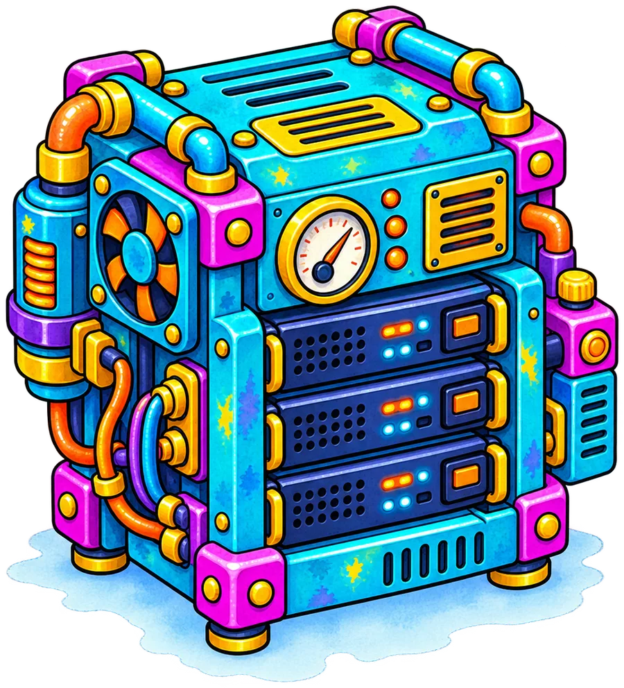 Illustrated server rack machine, standing for managed WordPress hosting