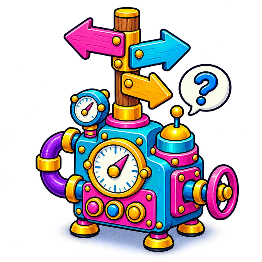 Illustrated machine with a three-way signpost and a question mark, standing for choosing between options