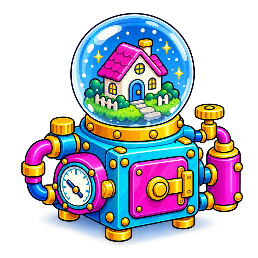 Illustrated snow globe with a house inside on a machine base, standing for a sealed website builder