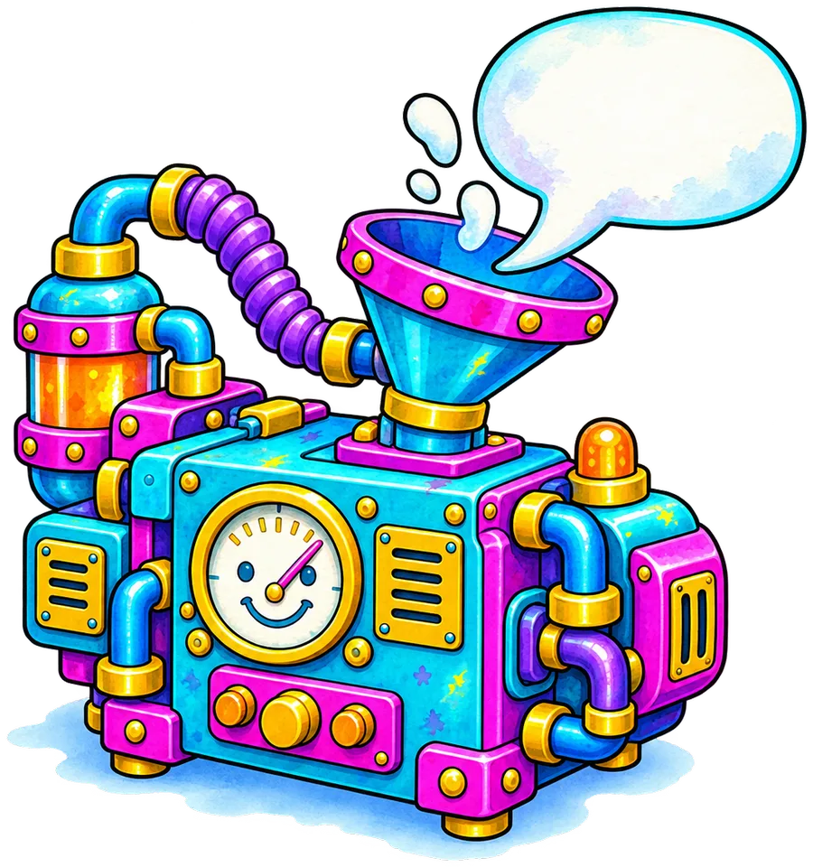 Illustrated machine puffing a speech bubble, standing for support and conversation