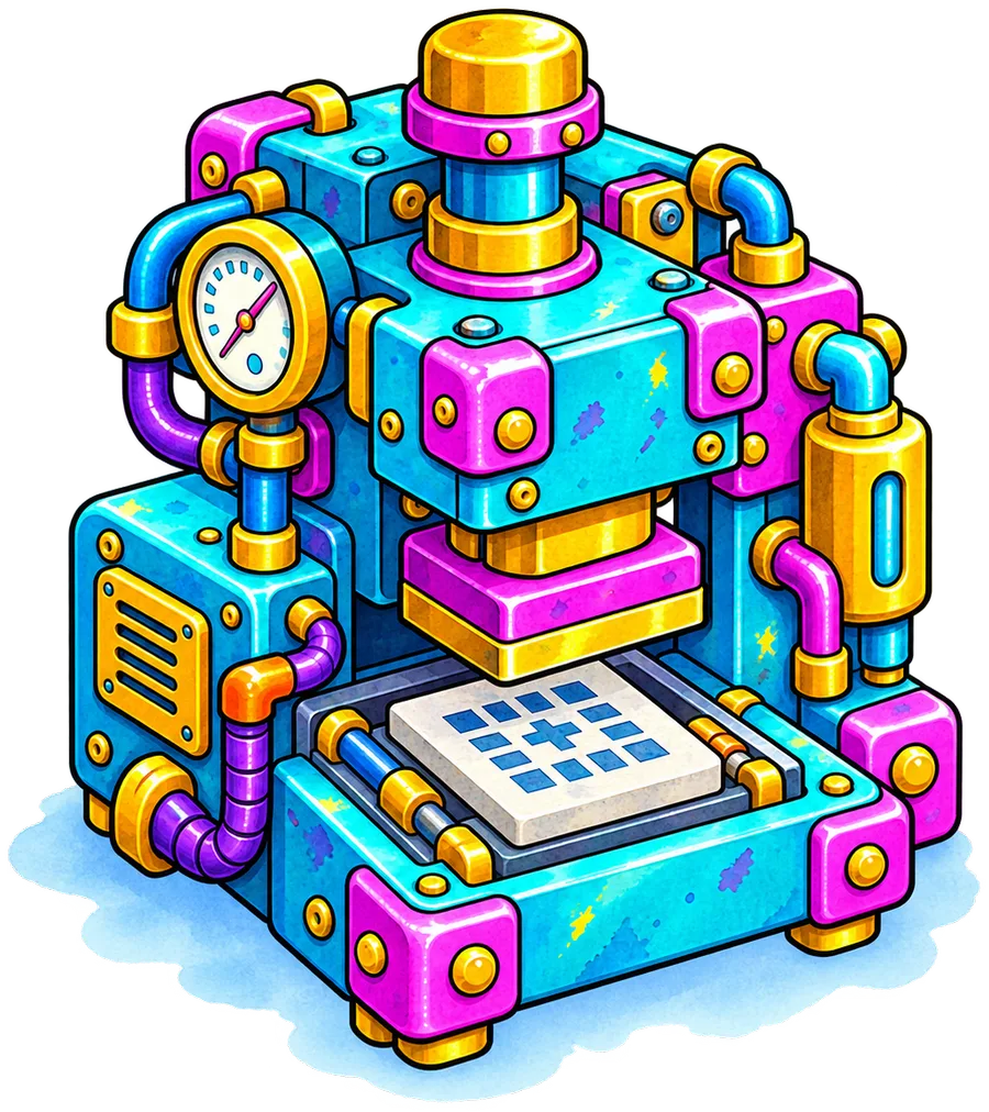 Illustrated press stamping a patterned tile, standing for QR codes