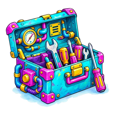 Illustrated open toolbox machine, standing for ongoing website care and maintenance