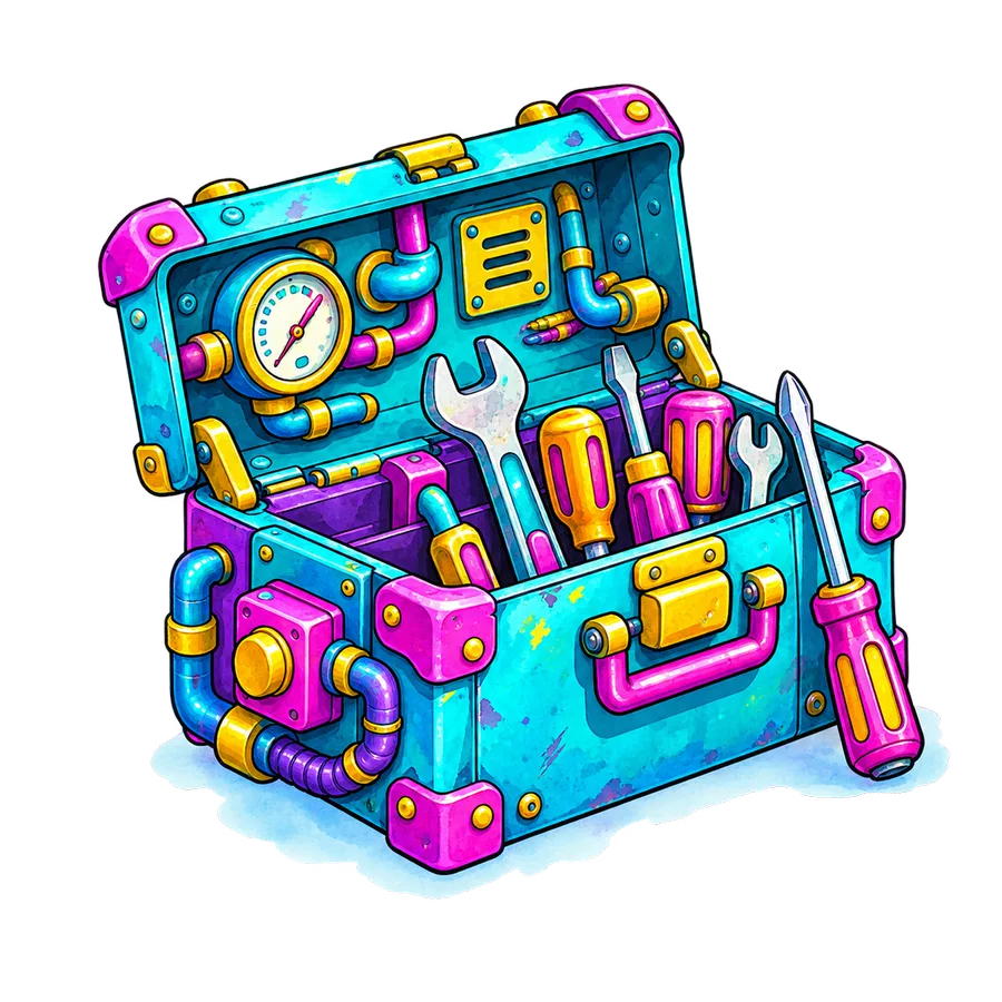 Illustrated open toolbox machine, standing for ongoing website care and maintenance
