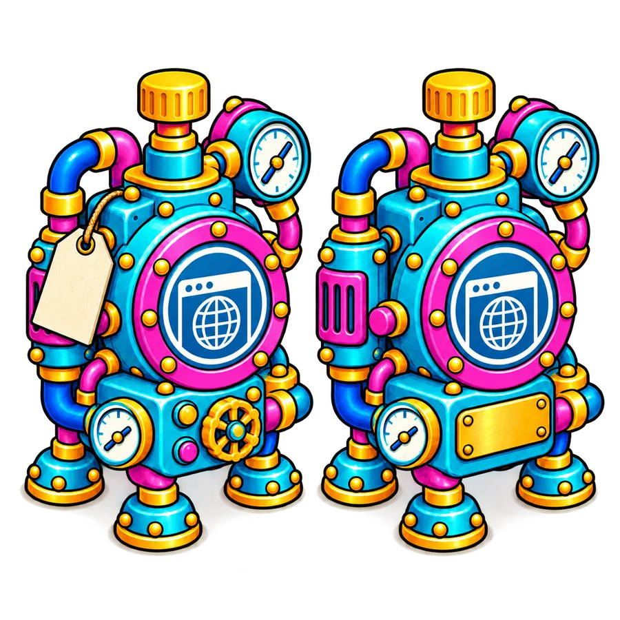 Two identical illustrated machines, one with a rental tag and one with a nameplate, standing for WordPress.com versus self-hosted WordPress
