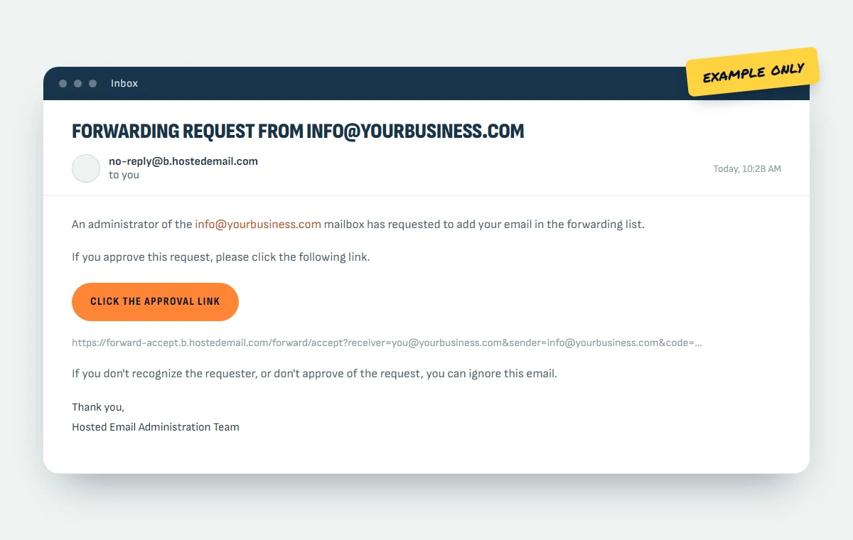 Example of the forwarding approval email: a request from no-reply@b.hostedemail.com with a link to approve