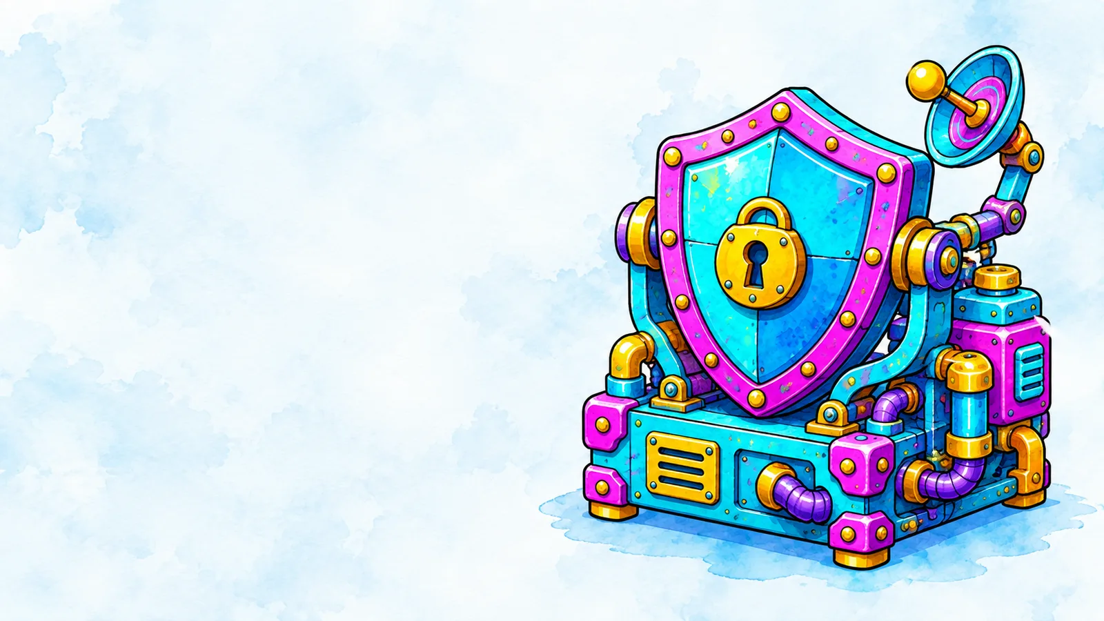 Hdr Security Article header: illustrated shield machine with a padlock, for security and domain articles