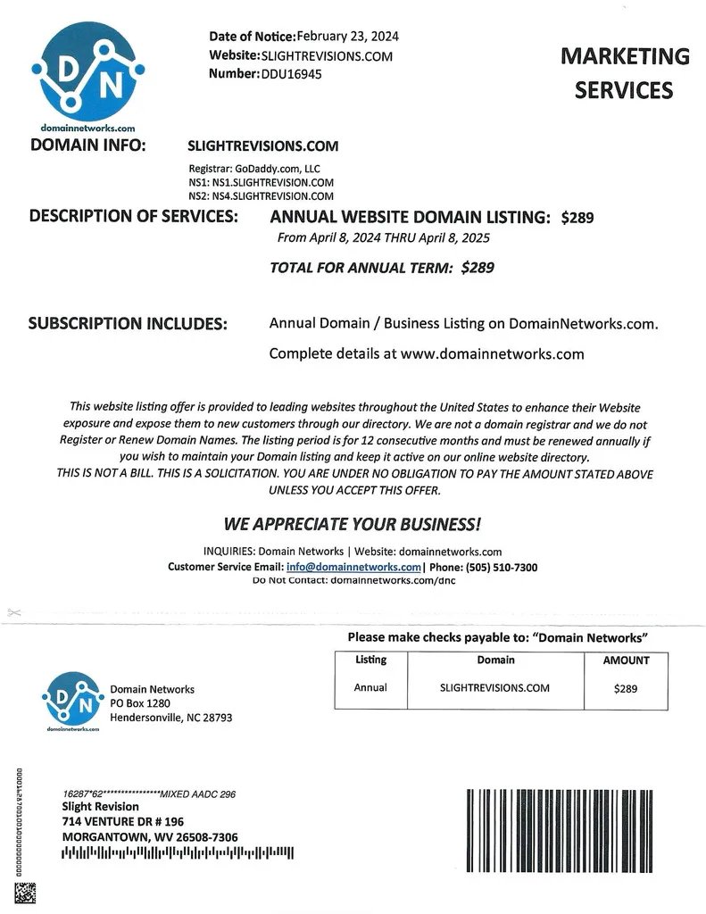 Example of a domain renewal scam letter formatted to look like an invoice