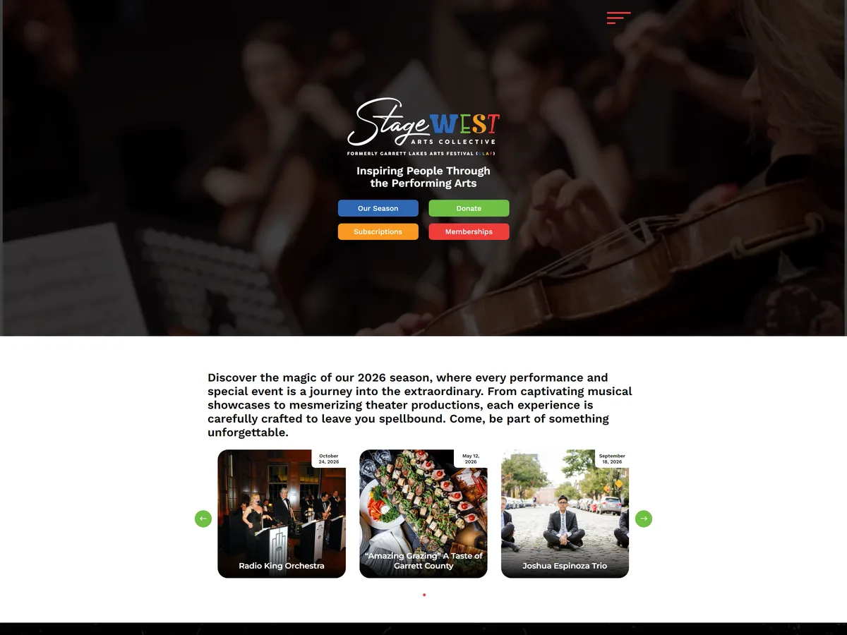 Website homepage designed by Slight Revision for a performing arts venue