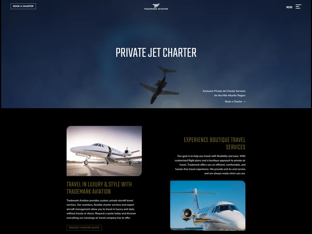 Website homepage designed by Slight Revision for a private jet charter company